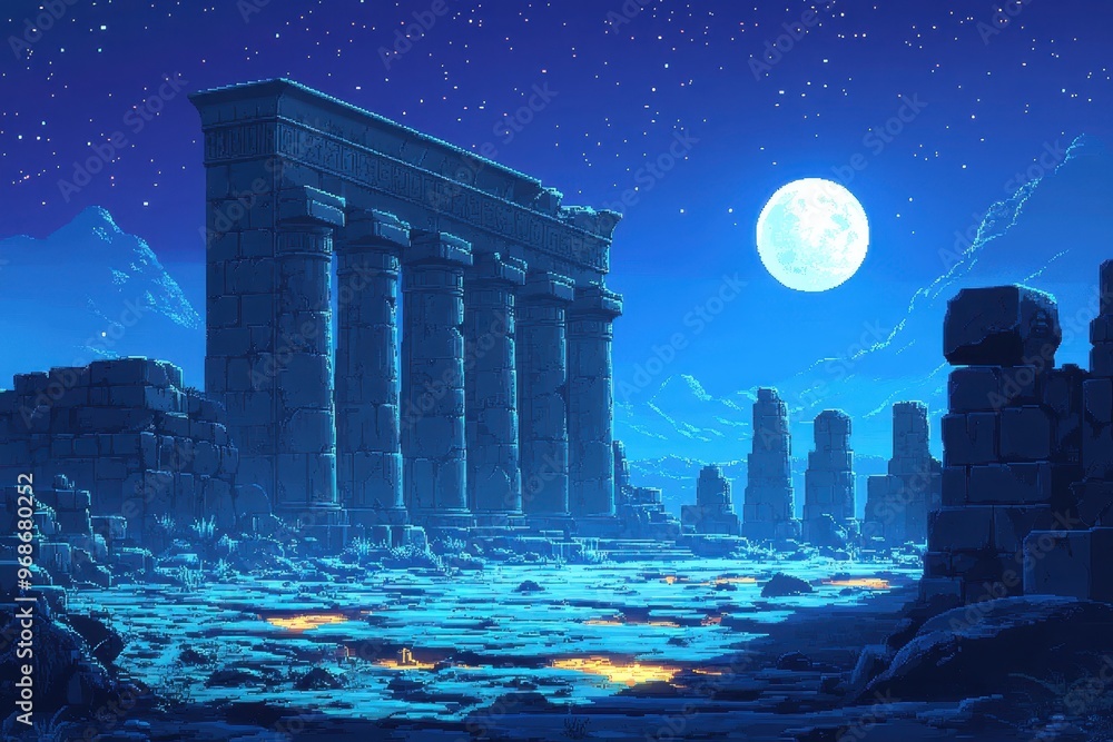 Aufkleber retro pixel art desert landscape with ancient temples and glowing sands - 16-bit rpg exploration bac