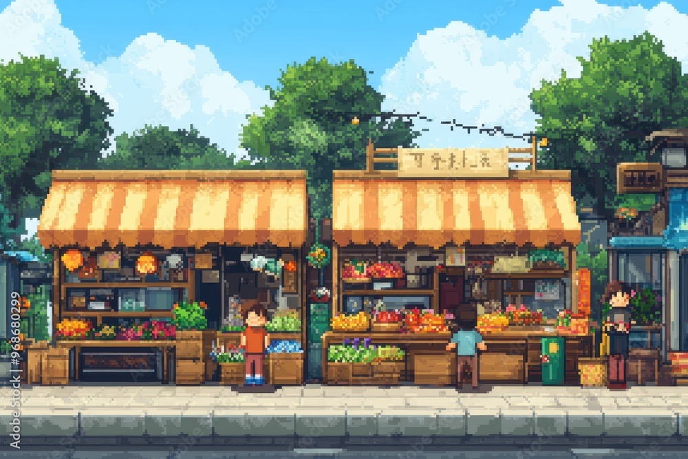Aufkleber vibrant 8-bit pixel marketplace in a charming rpg town setting with colorful stalls and quirky npcs