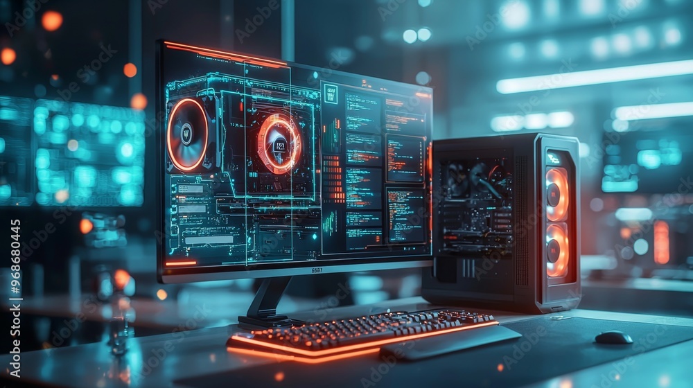 Aufkleber gaming pc setup with rgb lighting and monitor showing code