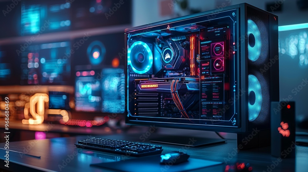 Poster rgb gaming pc setup with monitor keyboard and mouse