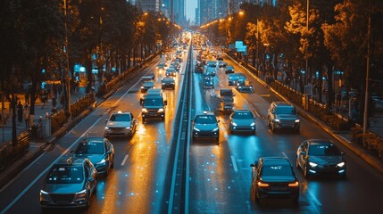 AI-operated traffic management systems preventing congestion with autonomous vehicles: A city street where all vehicles are self-driving and managed by AI traffic systems.