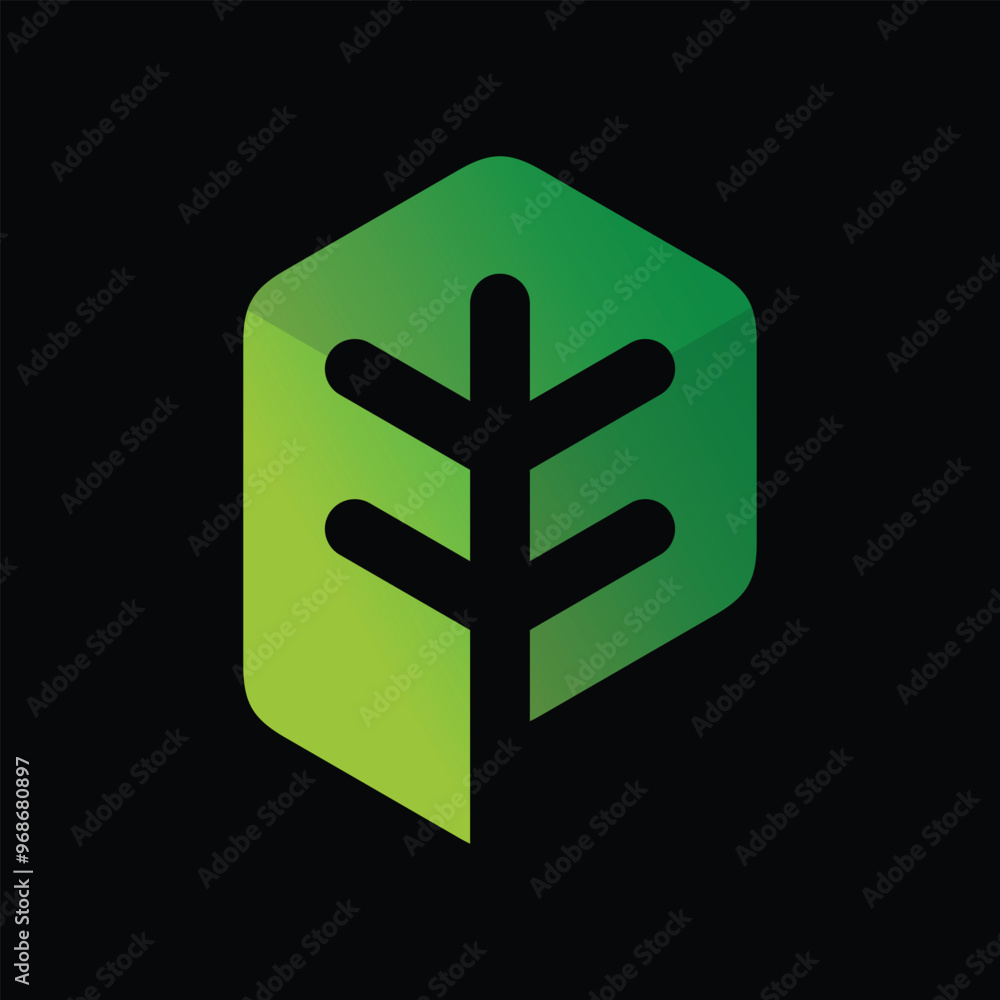 Poster a simple letter p logo in hexagon shape in green color with a small plant on it for environment ecol