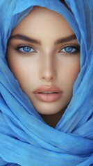 Naklejka premium A stunning young Arab woman wears a blue hijab, her eyes covered by a delicate scarf, showcasing her natural beauty against a softly lit background