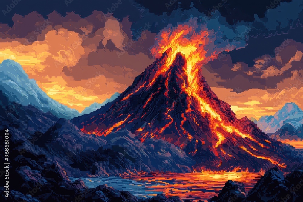 Poster retro rpg 8-bit pixel volcano with lava flowing - danger zone background for video games