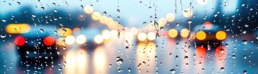 Naklejka premium A beautiful blurred cityscape view through rainy window droplets creating an artistic, dreamy atmosphere in the urban environment.