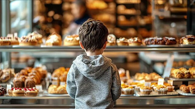 A child peering into a bakery's display case, highlighting the wonder and excitement in choosing from a variety of delightful pastries