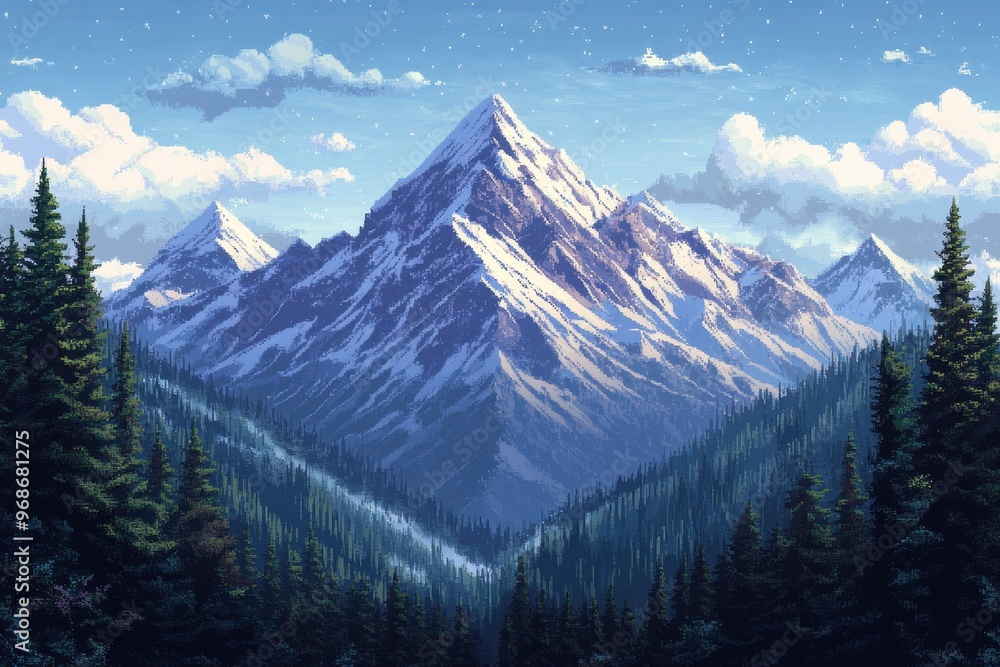 Poster fantasy 16-bit pixel art of snowy mountain range in rpg adventure setting
