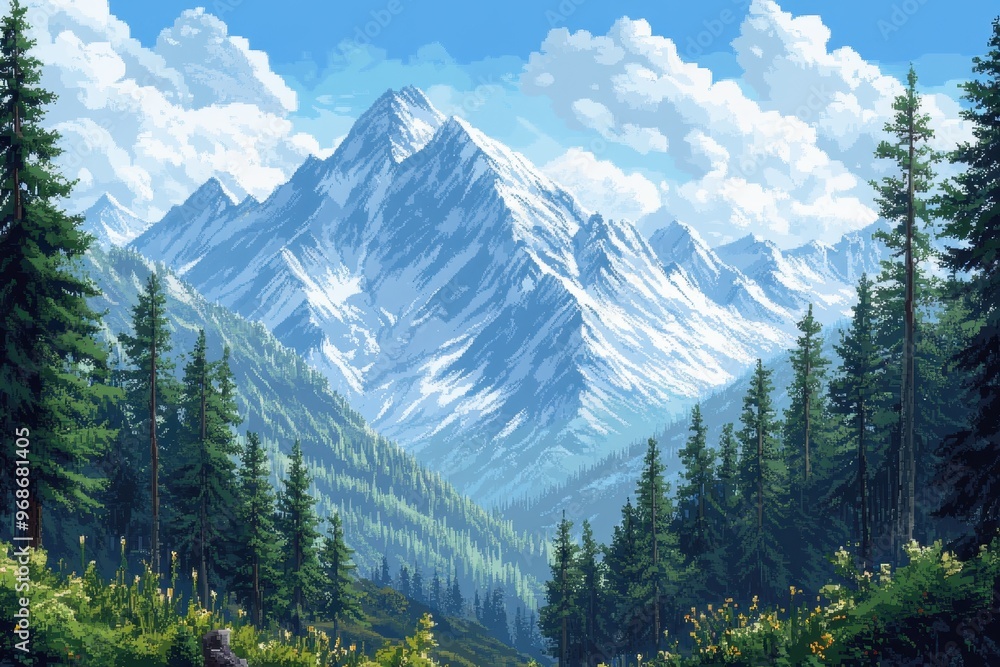 Aufkleber enchanted 16-bit pixel snowy mountain range in rpg adventure setting