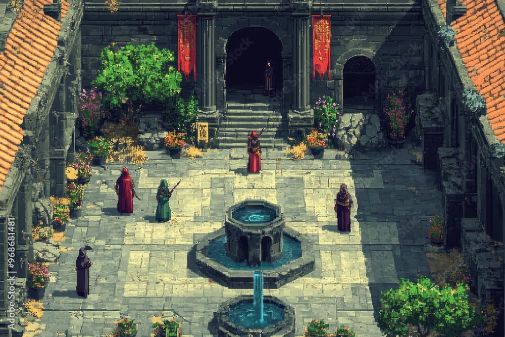 Poster retro pixel castle courtyard with 8-bit fountains and npcs in rpg royal setting
