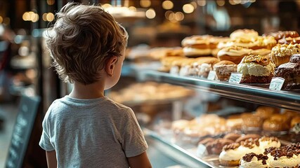 A child peering into a bakery's display case, highlighting the wonder and excitement in choosing from a variety of delightful pastries