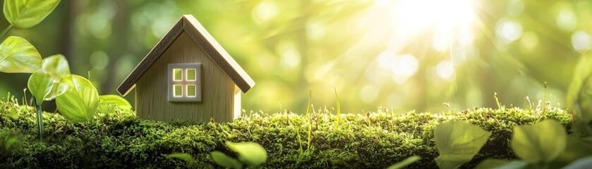 Obraz premium A serene wooden house surrounded by lush green foliage, bathed in warm sunlight, symbolizing peace and nature harmony.