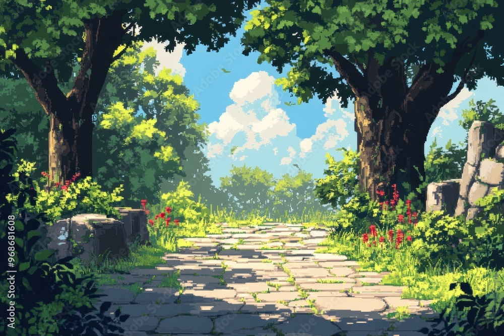 Poster retro pixel jungle adventure - 8-bit rpg wilderness path with simple trees, vines, and nostalgic pix
