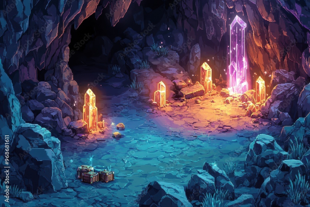 Poster retro 16-bit pixel cave exploration with glowing crystals and hidden treasures - rpg dungeon backgro