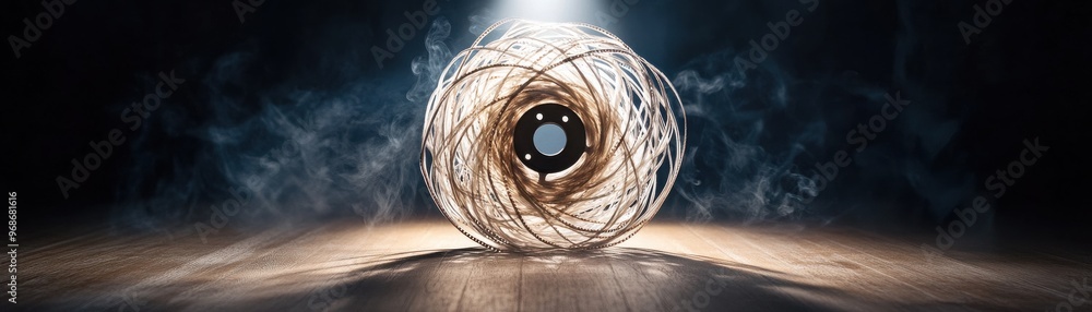 Poster A captivating close-up of a coiled string illuminated by dramatic lighting, creating an artistic atmosphere.