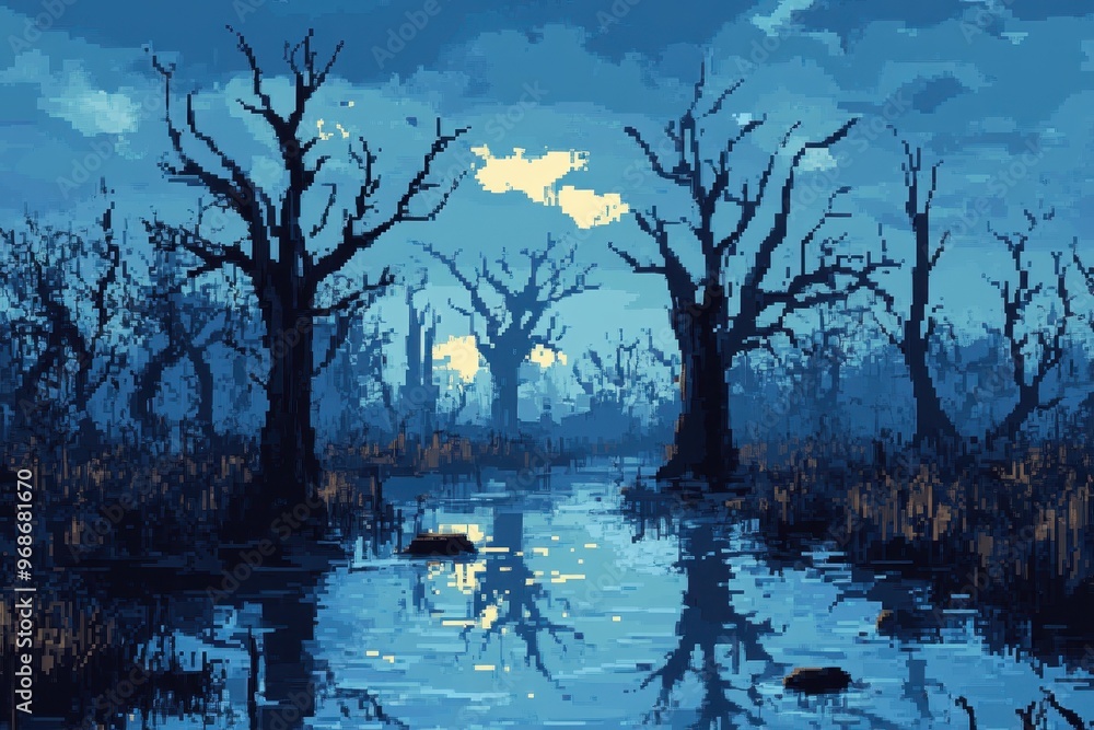 Poster eerie 8-bit pixel swamp: dark waters and twisted trees rpg exploration setting