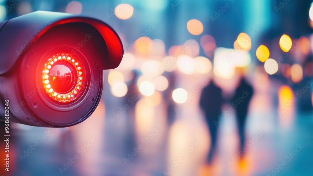 Poster a close-up of a surveillance camera with a glowing red light capturing blurred figures in an urban s