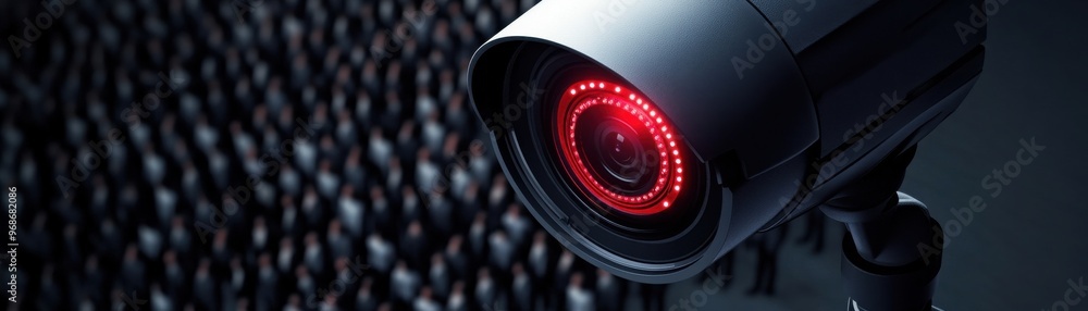Poster a close-up of a surveillance camera with a glowing red light, capturing the essence of security and 