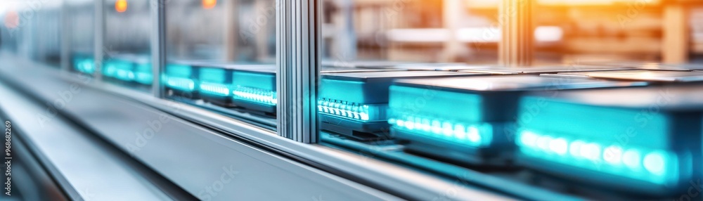 Poster a close-up view of a modern conveyor system with illuminated containers, showcasing advanced technol