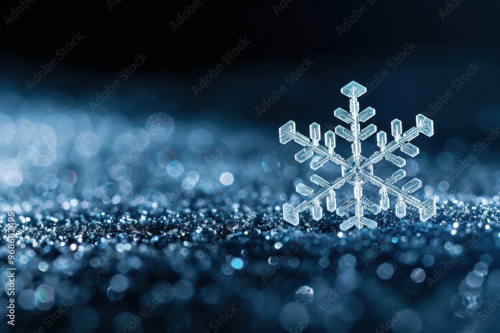 Aufkleber A delicate snowflake resting on a shimmering surface, showcasing intricate ice patterns and a serene winter atmosphere.
