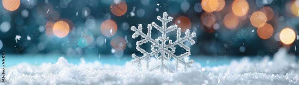 Aufkleber a delicate snowflake rests on soft snow, illuminated by twinkling bokeh lights that create a magical