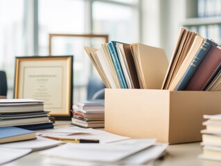 A cluttered office desk with stacks of documents and a box of files, showcasing a busy work environment and organizational chaos.