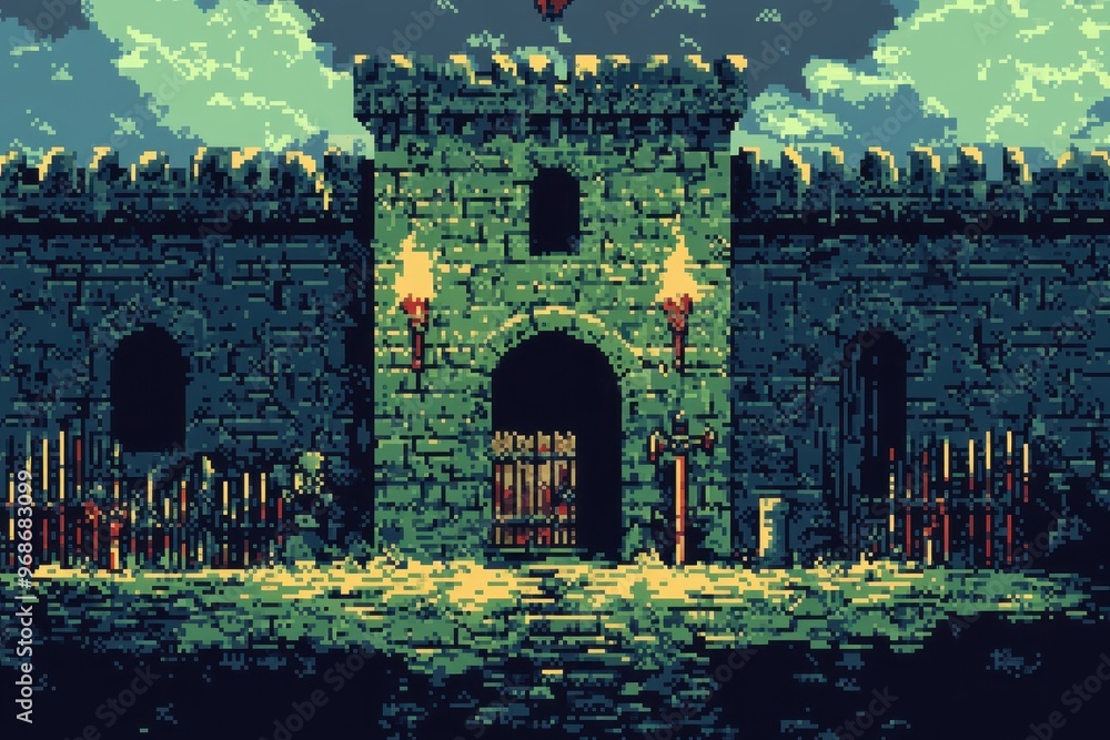 Poster retro 8-bit pixel dungeon: action-packed rpg scene with swinging axes and spike traps