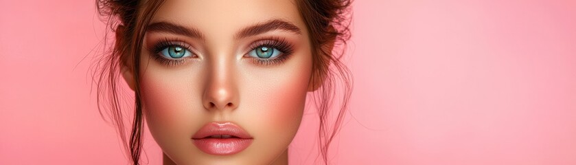 Obraz premium Chic beauty look enhancement, high-resolution image, glamorous and elegant makeup soft pastel color background with clean copyspace