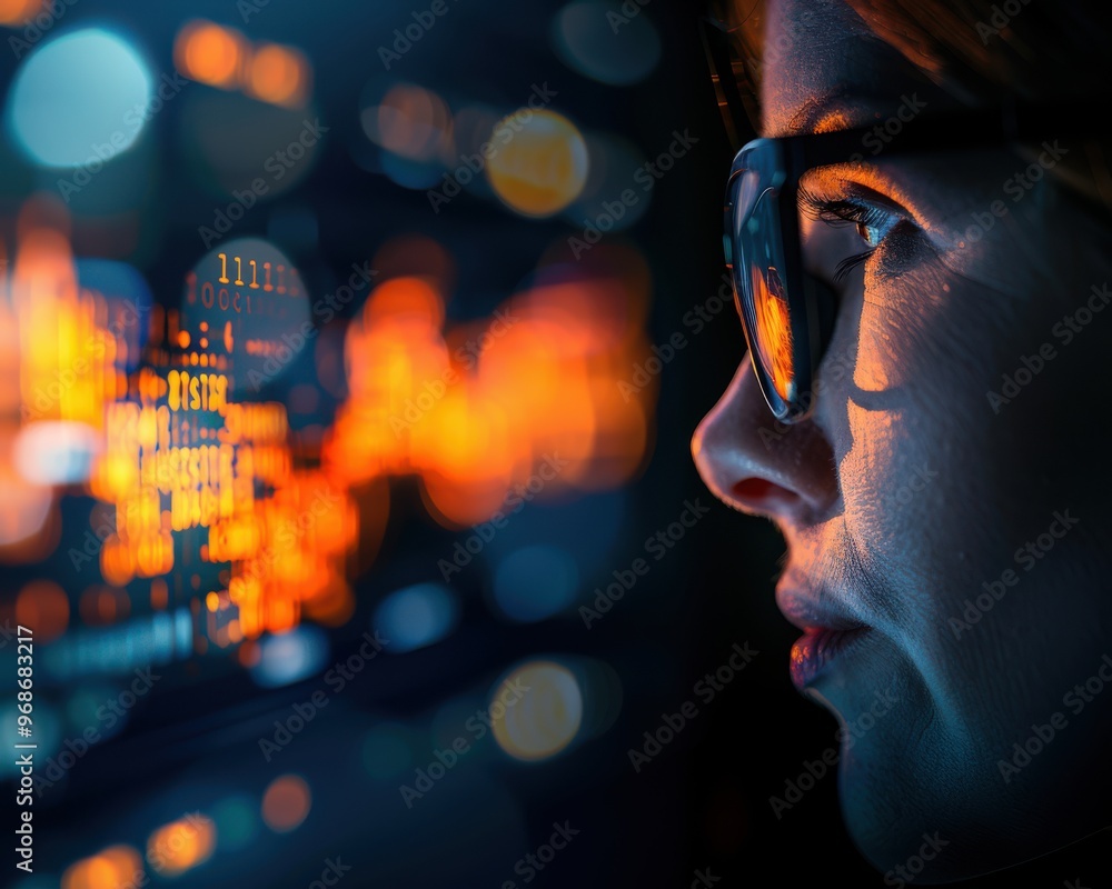 Poster a focused individual analyzing digital data on a screen, highlighting the intersection of technology