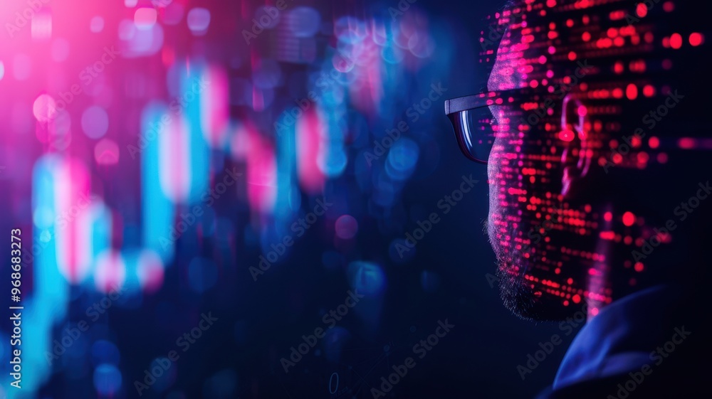 Poster a focused professional analyzing digital data trends in a vibrant technology environment for data vi