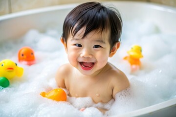 A baby Asian boy playing in a bathtub with her rubber duck and a sponge