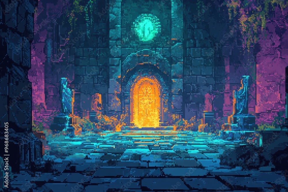 Poster dark 16-bit pixel cave dungeon with glowing runes and mysterious statues in rpg magic setting