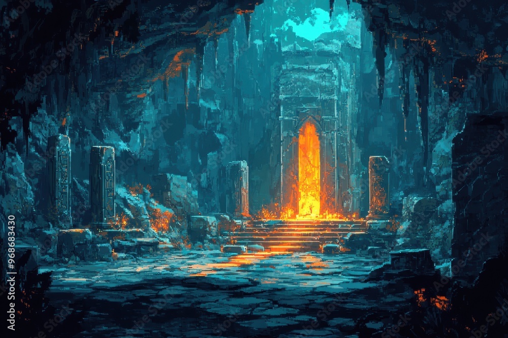 Poster Enchanted Pixel Cave Dungeon: RPG Magic Setting with Glowing Runes and Mysterious Statues