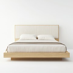 A modern wooden bed with a simple design, featuring a light-colored headboard and bedding.