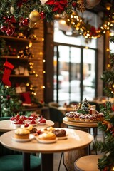 Fototapeta premium Cozy café interior with festive Christmas desserts