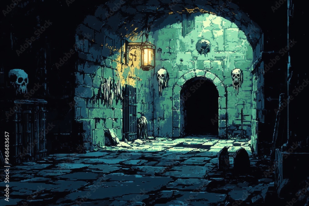 Aufkleber retro 8-bit pixel dungeon with hanging skeletons embracing classic rpg dark atmosphere