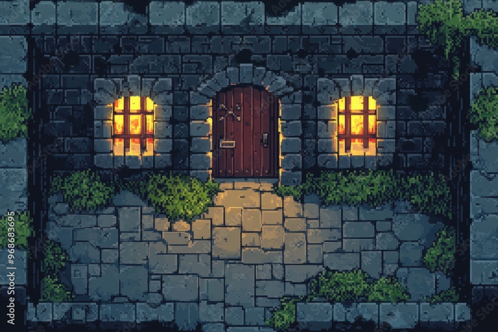Poster retro 16-bit pixel dungeon maze: rpg puzzle adventure background with dead ends and hidden doors