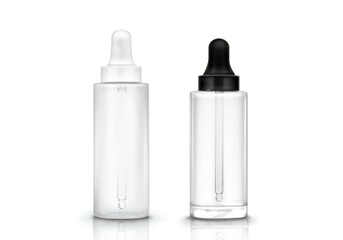 Serum dropper bottle mockup. Glass drop pipette with container isolated 3d vector. Clear medical flask mock up. Plastic blank tube for essence or eye medicine product illustration. Collagen flacon