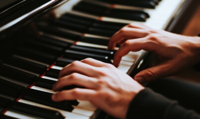 Obraz premium Closeup of hands playing piano. The image depicts a person playing a piano, showcasing the movement and skill required for playing music.