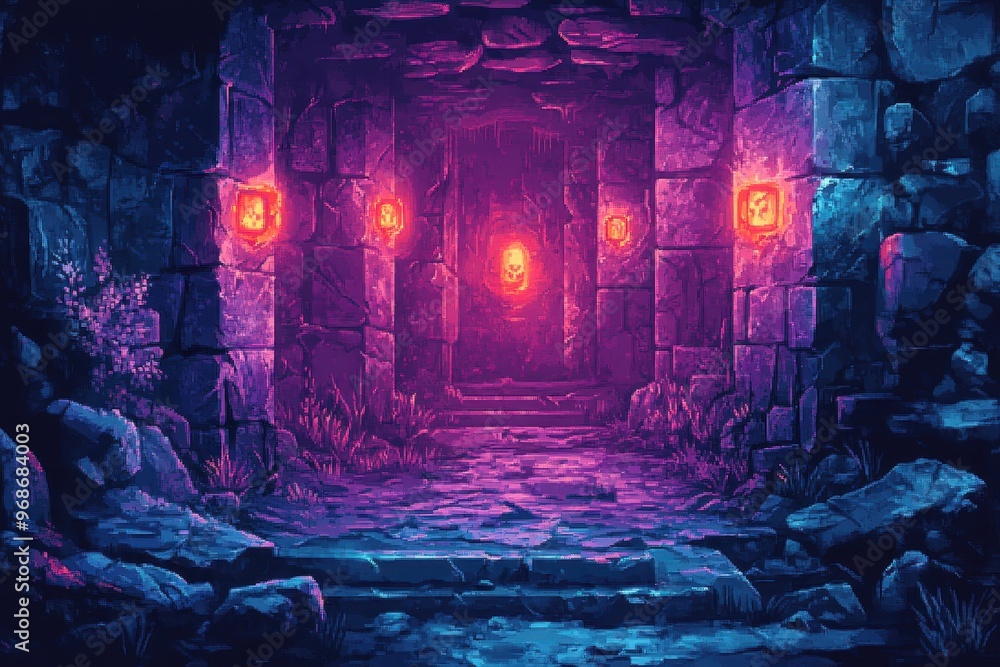 Poster retro rpg mystic dungeon with pixelated 8-bit stone walls and glowing symbols