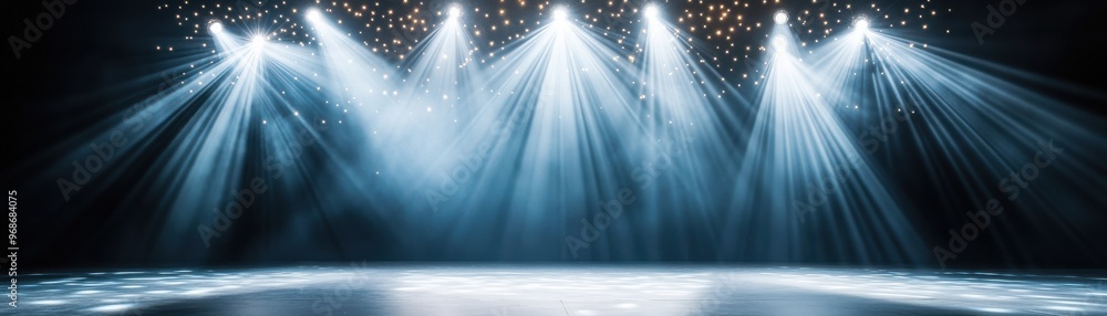 Poster a dramatic view of stage lights illuminating an empty performance area, creating a vibrant atmospher