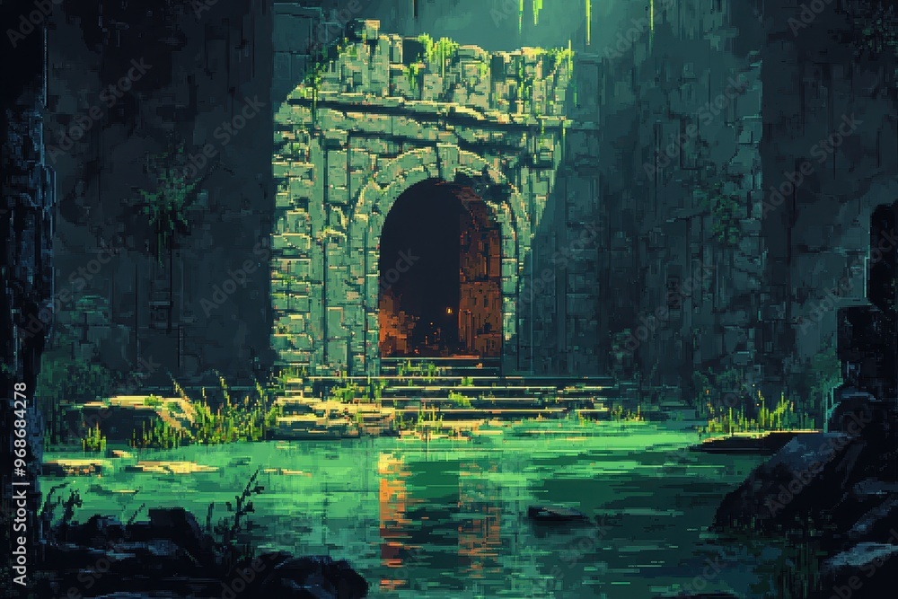 Poster retro 8-bit pixel dungeon: mysterious flooded passages with glowing moss - vintage rpg game backgrou