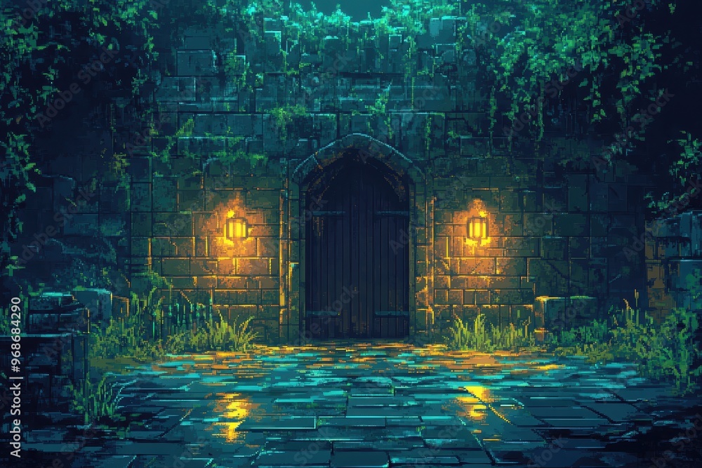 Poster retro 8-bit pixel dungeon: flooded passages and glowing moss in mysterious rpg background