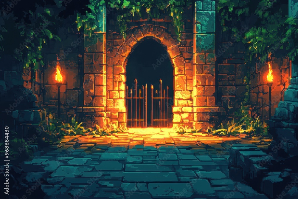 Poster dark pixel dungeon: 16-bit rpg perilous setting with iron gates, flaming torches, and shadowy corner