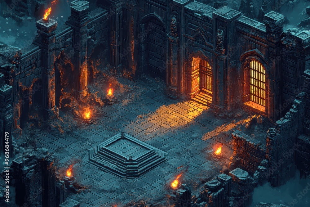 Poster retro 16-bit pixel dungeon adventure with iron gates, flaming torches, and shadowy corners in rpg pe