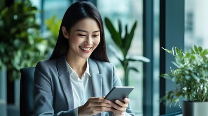 Fototapeta premium A beautiful business Asian young woman wears casual clothing and uses her mobile phone and smiling