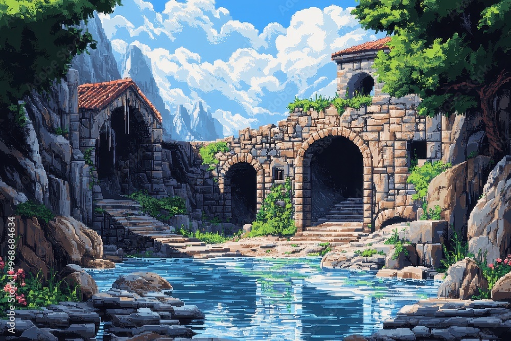 Poster retro 16-bit pixel dungeon: water-filled pits and crumbling bridges rpg challenge scene