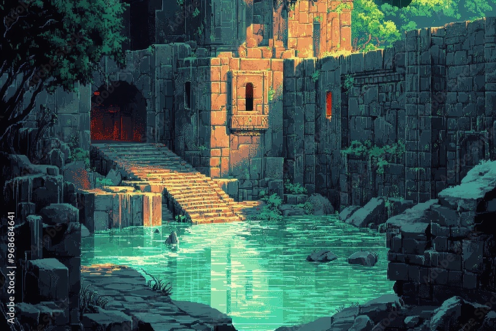 Poster retro rpg challenge: 16-bit pixel dungeon with water-filled pits and crumbling bridges