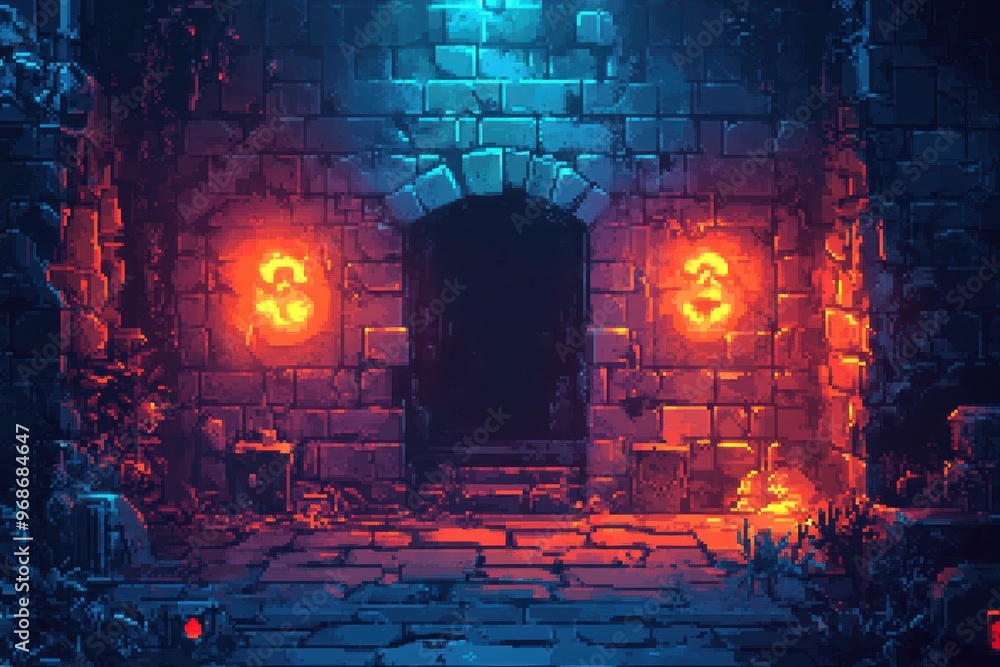 Poster retro 8-bit dungeon: dark rpg exploration with traps and glowing symbols background