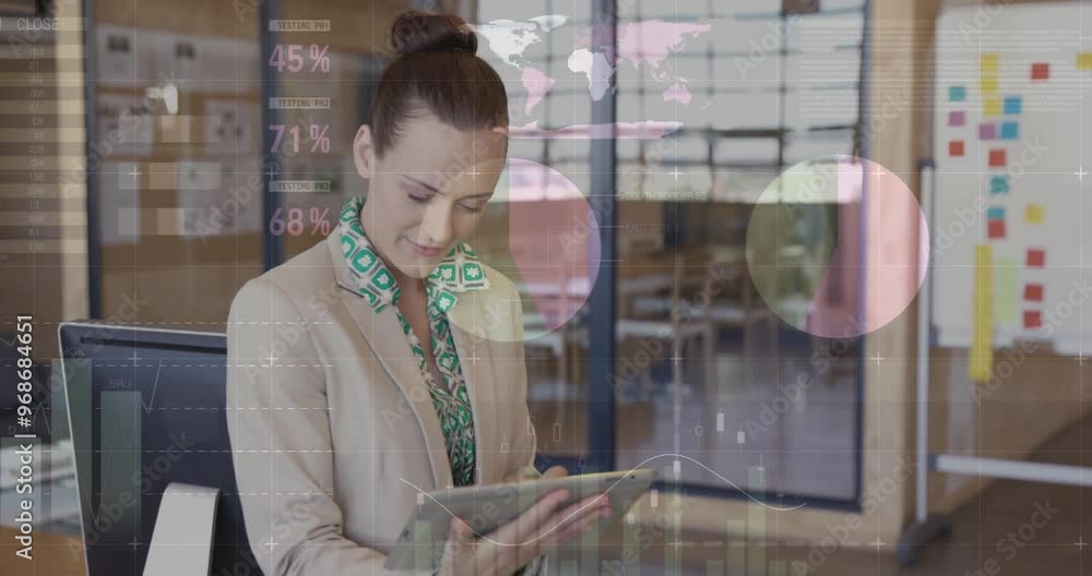 Poster animation of data processing and diagrams over caucasian businesswoman using tablet