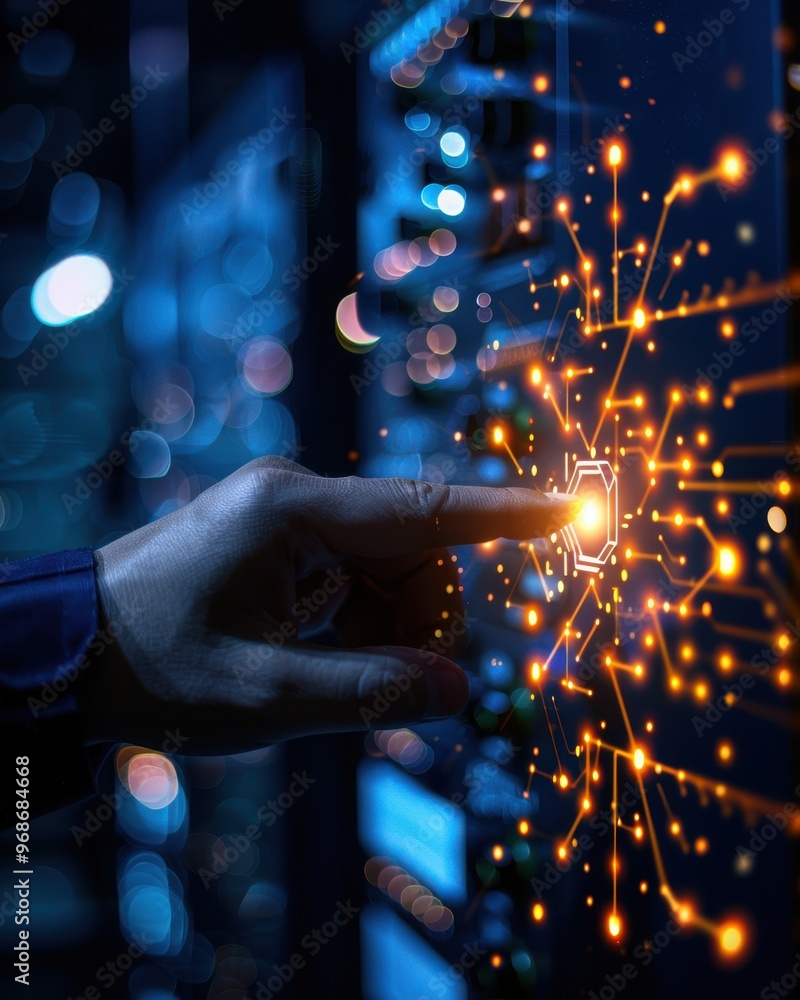 Poster a hand interacts with a server, illuminating a network of connections in a dynamic technology enviro